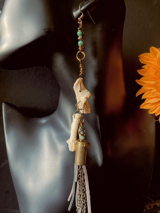Handmade Bullet Casing Badger Bone Earrings with Turquoise