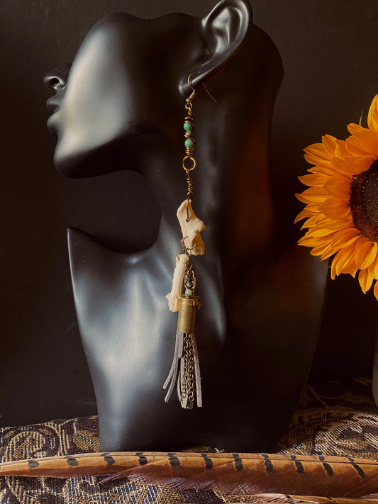 Handmade Bullet Casing Badger Bone Earrings with Turquoise